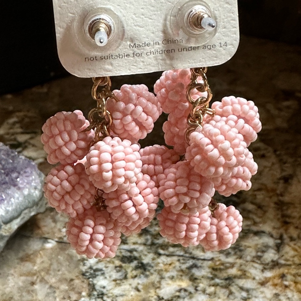 Gold Pink Seed Bead Ball Cluster Earrings - Picture 4 of 8